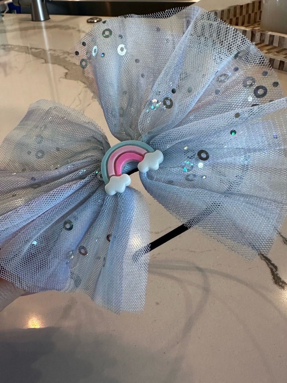 Light Blue Sequin Tulle Bow Headband with Rainbow Charm